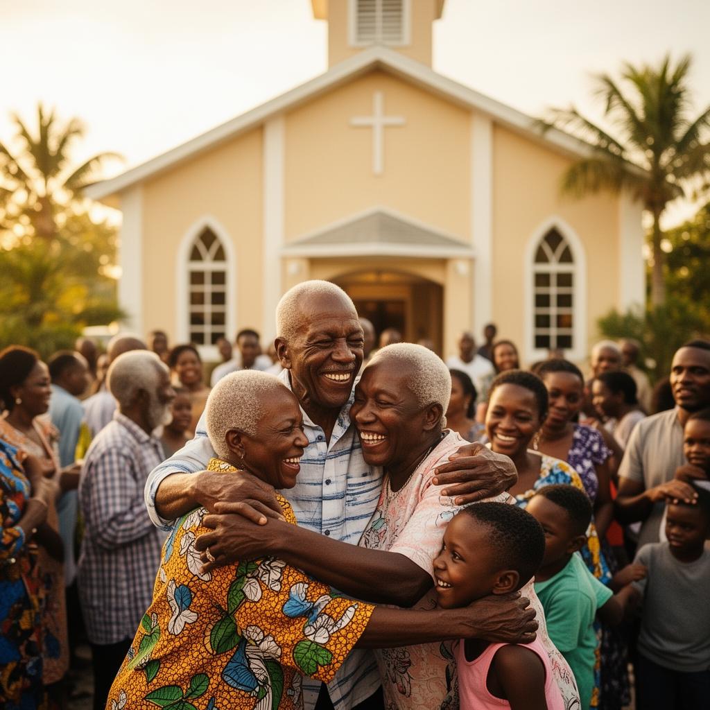 Haitian church family embracing outside the sanctuary at golden hour
