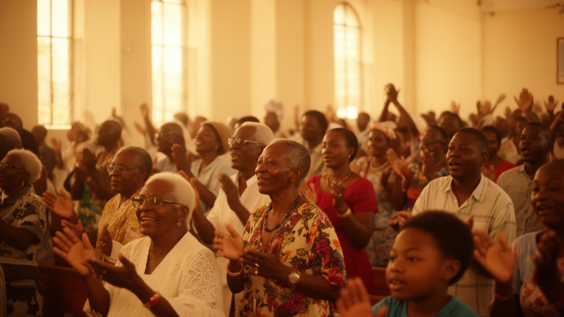 Joyful Haitian congregation worshiping with hands raised in golden light